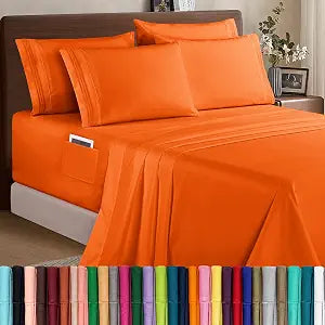 Elegant Comfort 1500 Premium Quality 6-Piece Bed Sheet Set - 18-24 Inch Extra Deep Pocket, Smart Storage Pockets, Wrinkle Free Ultra Soft 6PC Extra Deep Pocket Sheets, Queen, Orange