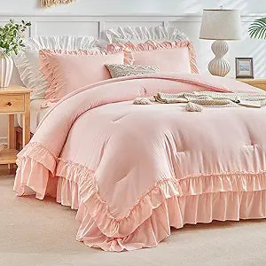 Flysheep Pink Ruffle Comforter Set Twin Size, 3 Pieces Vintage Farmhouse Shabby Chic Comforters, Solid Color Lightweight Soft Fluffy Bedding Sets for Girls (1 Ruffled Comforter + 2 Pillow Shams)