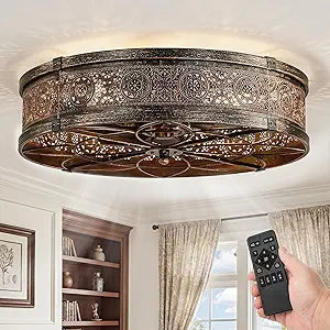 LEDIARY 20" Caged Ceiling Fans with Lights,Low Profile Flush Mount Enclosed Bladeless Farmhouse Ceiling Fan with Light and Remote,Black and Gold Vintage Victorian Rustic Fandelier for Bedroom,Kitchen