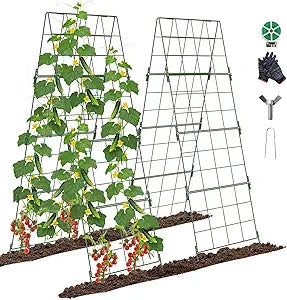 Adjustable A-Frame Trellis for Climbing Plants Outdoor, 48"x32" Cucumber Trellis for Raised Bed, Metal Garden Trellis with Grid Design, Tomato, Grape, Bean, Pea, Squash, Vegetable Trellis (Green)