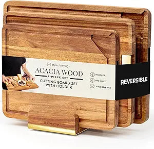 Acacia Wood Cutting Board Set with Holder  4 Piece Wooden Cutting Board Set with Stand  Reversible Charcuterie Tray with Juice Grooves and Gold Handles  Stylish Kitchen Gift