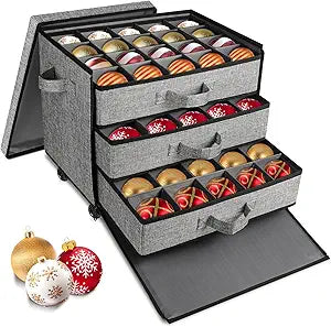 Lukeline Christmas Ornament Storage Box with Wheels, Stackable Christmas Ornament Organizer with 3 Drawer Trays, Openable Ornament Organizer for Storing Decorations, Portable Christmas Ball Box