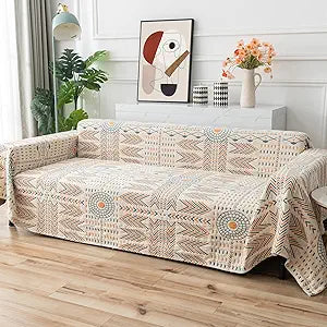 Cotton Couch Cover Washable Boho Reversible Throw Sofa Cover Geometric Jacquard Multi-Use Furniture Protector for 2 Cushion Sectional L Shaped Sofa Bed Boho Home Decor, 79" x 102"