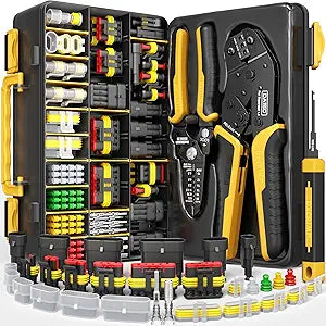 Automotive Electrical Connectors & Crimping Tool Kit, 1-6 Pin 1.5 Series Waterproof Wire Plugs 24-14 AWG with Ratcheting Crimper, Dust Caps, Wire Stripper & Removal Tool for Auto Marine Wiring