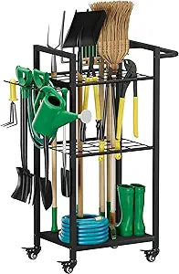 Garden Tool Organizer with Wheels, Heavy Duty 3 Tier Metal Yard Tool Storage Rack Holder with Side Hooks, Freestanding Garage Organizer for Shovels, Rakes, Brooms, Indoor Outdoor Use, Black
