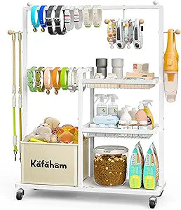 KAFAHOM Dog Toy Basket, Basket For Dog Toys Living Room, The Stuff For Dogs, Cat Toy Box, Dog Toy Bin, Toy Chest Storage, All-in-One Pet Supplies Organizer with Leash Hanging Rail and Locking Casters