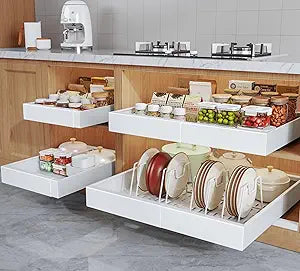 Seinloes 4Pack Expandable Pull Out Cabinet Organizer 21"Deep with Raising Pad for Framed Cabinets,Slide Out Drawers with 4pcs Divider Racks,Roll Out Shelves Adhesive,Adjustable Width 12.05"-20.4"White