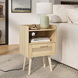 Nightstand,Boho Bedside Table,Rattan Night Stand with Rattan Decorated Drawers,Bedside Furniture, Wood End Table for Bedroom,Living Room,Natural (Bohemian-Outlet, Oak)