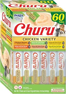 INABA Churu Cat Treats, Lickable, Squeezable Creamy Pure Cat Treat with Green Tea Extract & Taurine, 0.5 Ounces Each Tube, 60 Tubes, Chicken Variety Box