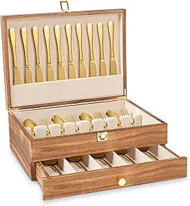 Silverware Storage Box, 2-Layer Flatware Storage Case with Drawer, Wooden Silverware Chest with Linen Liner, Rustic Silverware Case for Storing Fine Flatware and Utensils (Brown)
