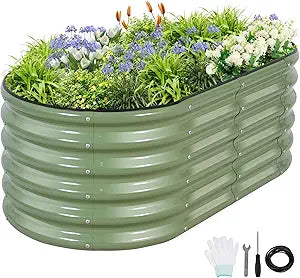 Galvanized Raised Garden Bed - 4x2x1.4FT Metal Planter Boxes Outdoor | Oval Steel Raised Bed Kit for Gardening with Protective Tape, Gloves for Vegetables, Flower, Herb (Green)