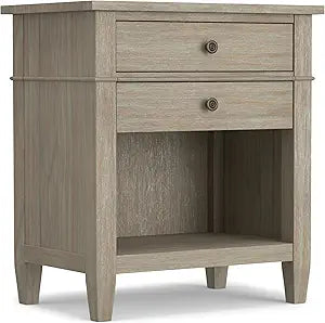SIMPLIHOME Carlton Bedside Table - 24 inch Wide Solid Wood Nightstand Table in Distressed Grey, Transitional Bedroom Side or End Table with 2 Drawers, Open Storage Shelf and Bronze Hardware