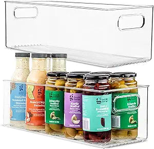 Plastic Food Storage 2 Pack Clear Container Bin with Handles for Organizing Kitchen, Pantry, Refrigerator, Freezer, Pantry, Cabinet, Closet, Bathroom. 16x6x5