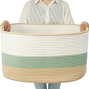 danpinera Large Woven Basket, 108L Rectangular Woven Storage Basket with Leather Handles, Stylish Organizer Bin for Home, Office, Laundry, Toys, or Blankets, 25*16*16 White & Green & Jute