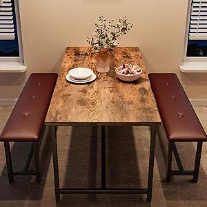 CABIHOME Dining Table Set for 4, Kitchen Table Set for 4 with Upholstered Benches, Rectangular Dining Room Table Set for Small Space, Apartment, Studio, Rustic Brown