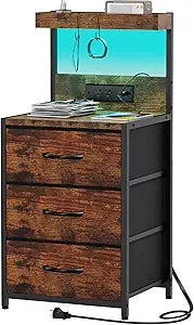 SZLHANJZ Night Stand, Nightstand with Charging Station and Led Lights, 3 Drawers Night Stand with Storage Shelf and Hooks, Tall End Side Table for Bedroom, Rustic Brown