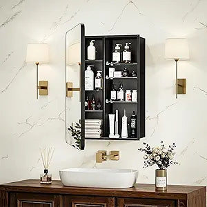 16x24 Medicine Cabinet with Mirror, Aluminum Bathroom Wall Organizer, Pre-Assembled, Center Partition for Tall Bottles, 6 Adjustable Shelves, Soft-Close, Recessed/Surface Mount, Matte Black