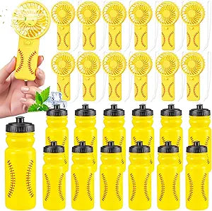 Tujoe 24 Pcs Softball Team Gifts Bulk, 20 oz Softball Water Bottles with Mini Handheld Fans, Reusable Squeeze Cup for Cooling Supplies Summer Sports Party Favors, No Battery