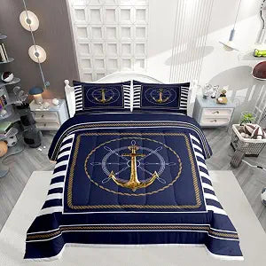 Feelyou Anchor Decor Comforter Set Queen Size Nautical Themed Bedding Set for Boys Girls Teens Ocean Comforter Sea Adventure Duvet Set Navy Blue Quilt Set
