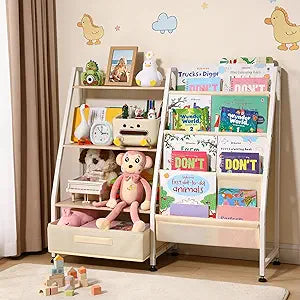Kids Bookshelf and Toy Storage-Book Shelf for Kids RoomsToddler Bookshelf Baby Bookcase with 4 Sling Shelves & Fabric Toy Chest Toy Organizer for Playrooms, Bedrooms, Nursery