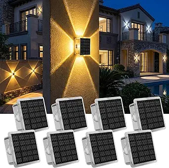 AUDLES Solar Wall Lights Outdoor Waterproof, 4-Sided Glow Solar Fence Lights, 3000K 4000K 6000K 3 Color Temperature Solar Wall Sconce for Garden Patio House Porch Poolside Decor-8 Pack