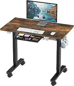 SHW 40-Inch Mobile Electric Height Adjustable Sit to Stand Desk with Drawer, Hanging Hooks and Cable Management, Rustic Brown