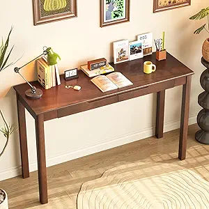 100% Solid Wooden Desk with Drawers - 47 x 16 Inch Mid Century Narrow Desk, Vintage Writing Desks with Drawers, Simple Work Study Table, Small Desks for Small Spaces, Walnut Color