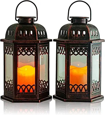 Solar Lanterns 2 Pack Bronze - Retro Ornate Hanging Lantern with Handle, Outdoor Lantern with Flickering Candle LED, 6.60 x 6.60 x 10.60 in