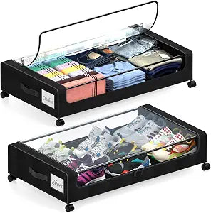 Under Bed Storage with Wheels, 2 Pack Under Bed Storage Containers with Clear Lids, XXL 65L Under Bed Storage Organizer, Rolling Under Bed Metal Drawer for Blanket, Clothes, Shoes (31 x 17 x 6.69 in)