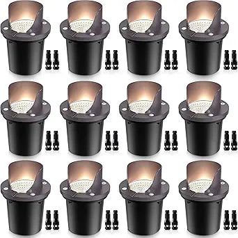 SUNVIE 12 Pack Low Voltage Landscape Lighting 12W LED Outdoor In-Ground Waterproof Shielded Well Lights Warm White Paver Lights with Wire Connectors for Pathway Garden Yard Fence Deck