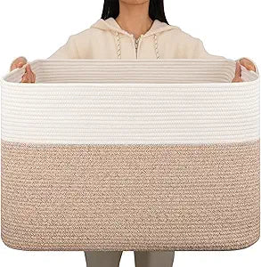 OIAHOMY 108L Extra Large Blanket Basket, 25x16x16 Laundry Basket, Blanket Storage for Living Room, Dog Toy Storage with Handle - Brown & White