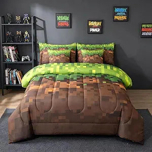 Feelyou Pixel Theme Comforter with Sheet Set Full Size 7 Pieces Geometric Square Bedding Set for Kids Boys Girls Gamer Bed in a Bag Mosaic Bedroom Decor Green Brown