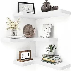 fuqing Corner Floating Shelves, Wall Shelf Set of 3, Shelves for Wall Storage, Solid Wood Shelves for Storage, Wall Mount Wooden Display Shelf for Bathroom Bedroom Kitchen Garage, White