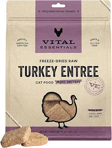 Vital Essentials Freeze Dried Cat Food, Raw Turkey Mini Patties | Complete Meal or Topper | Easy to Portion and Rehydrate | High Protein, Grain Free Dry Cat Food | 15 oz Bag