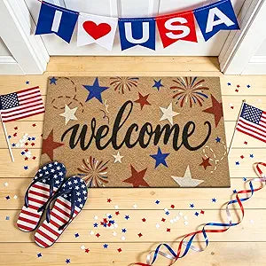 Front Door Doormat Durable Artificial Coir Non-Slip 4th of July Independence Day Decor Indoor Outdoor Welcome Door Mat, Fade Resistant Easy Clean Entrance Patio Porch Entry Mat, Red White Blue