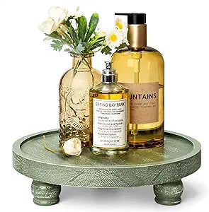 EOSAHR Farmhouse Pine Wood Riser for Home Decor  Round Pedestal Stand for Coffee Table & Kitchen Sink  Stylish Display Stand for Dish Soap Dispenser, Candles, Plants and Cupcakes (Green)