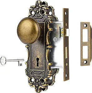 Mortise Lock Set for Interior Door, Antique Brass Door Knob with Lock and Skeleton Key, Antique Old Style Door Knob Lock Replacement, Vintage Mortise Door Knobs for Interior Doors