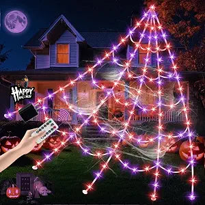 Halloween Spider Web Lights 550 LED Lighted Spider Web 16.4Ft Giant Halloween Decorations Light up with 8 Lighting Modes Waterproof & Timer for Indoor Outdoor House Haunted Yard Decor, Purple & Orange