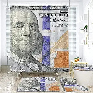 Money Shower Curtain Sets Non-Slip Rug,Toilet Lid Cover and Bath Mat 100 Dollar Bill USA Money Curtains Vintage Hundred Dollar Bathroom Set Fabric Shower Curtain For Bathtub with Plastic 12 Hooks