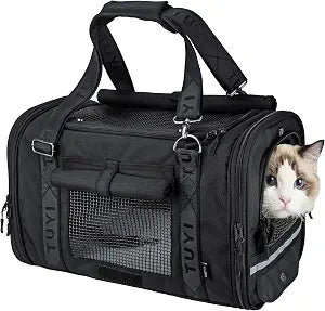 Soft Sided Cat Carrier for Anxious Cats with Privacy Flaps, Airline Approved & Car Seat Safe Pet Carrier for Small Dogs & Cats, 17 x 9.5 x 10.5 in, Reinforced Resin Mesh, Metal Buckles, Black