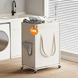 Homeiju 180L Large Laundry Hamper with Wheels, Rolling Laundry Basket with Metal Frame and Removable Bag Design, Dirty Clothes Laundry Cart for Bathroom, Dorm Room, Laundry Room, White