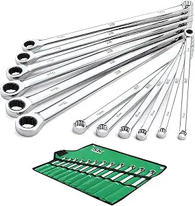 SK Extra Long Ratcheting Wrench Set, Double Box End Wrench Set, 12-Piece, Metric, 8 mm to 19 mm, 72-Tooth, Premium CR-V Construction, with Rolling Pouch