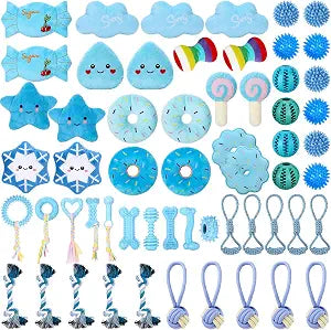 Syhood 60 Pcs Squeaky Dog Toys Bulk Stuffed Plush Chew Toys Puppy Teething Rope Cute Spiky Chew Ball for Small Dog Pet Teething Gift(Blue,Blue Style)