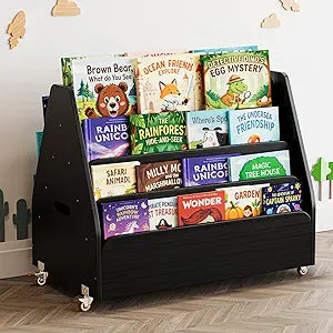 SpaceAid Double-Sided Mobile Bookshelf, Montessori Bookcase for Toddlers, Wooden Book Storage Organizer Shelf Furniture for Kids Rooms, Playroom, Nursery and Classroom, 29.5 Wide 4-Tier, Black
