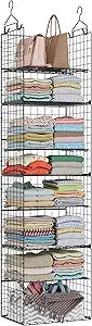 Hanging Closet Organizer and Storage - 8 Tier Closet Hanging Organizer Shelves, Metal & Foldable Hanging Storage Organizer Baskets with Adjustable Dividers for Clothing Sweaters Shoes Handbags