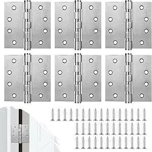 6Pcs Stainless Steel Silver Door Hinges, 4 x 4 Inch Door Hinge with Ball Bearing, Heavy Duty Door Hardware, Door Hinges with Square Corners