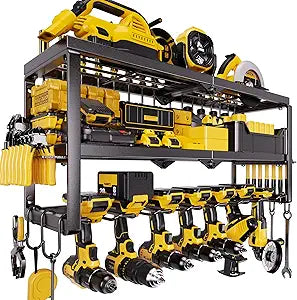 Heavy Duty Power Tool Organizer for Wall Mount Garage Storage  320 lbs Capacity, 3-Tier Iron Wire Rack with 7 Drill Slots, Shelf for Battery Charging Station  Gift for Dad Handyman