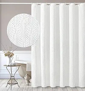 Gibelle Extra Long Shower Curtain 72 x 84, Tall 3D Embossed Textured White Fabric Shower Curtain, Modern Farmhouse Chic Soft Cloth Bathroom Curtains Shower Set with Hooks