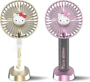 Hello Kitty 2-Pack Handheld Fan with Tabletop Stand - Multi-Speed Settings, Rechargeable Battery, Portable and Compact Design - Ideal for Home, Office, and Outdoor Use - Includes USB Charging Cable