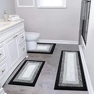Bsmathom Microfiber Bathroom Rugs Sets 3 Piece, Non Slip Bath Rugs for Bathroom, Absorbent Plush Shaggy Bath Mat with U-Shaped Contour Toilet Mat Machine Washable, Black